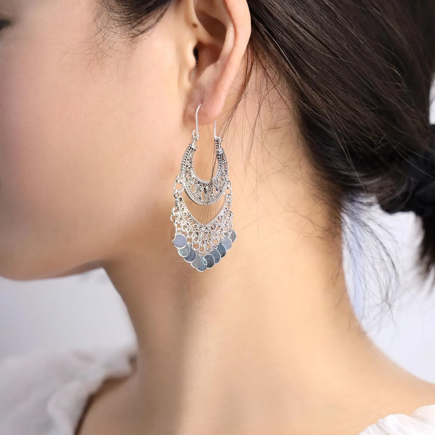 Bohemian Chandelier Earrings Coin Disc Tassel Dangle Filigree Earrings