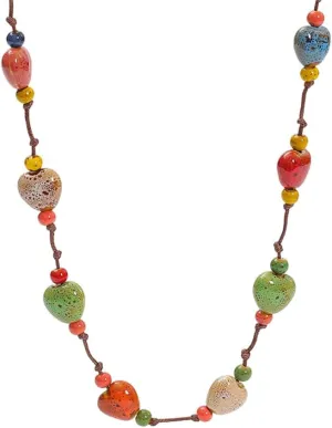 Bohemian Colorful Ceramic Bead Choker Necklace for Women Boho Hippie Charm Pendant Collar Strand Neck Adjustable Chain Fashion Heart Shaper Beaded Ethnic Style Vintage Summer Beach Statement Jewelry