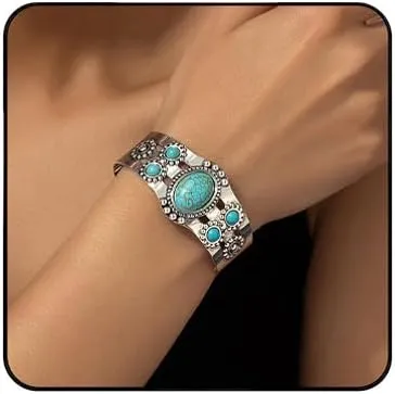 Bohemian Turquoise Cuff Bracelet for Women Vintage Court Style Open Bangle Gold Silver Turquoise Bracelet Adjustable Statement Birthday Wedding Party Jewelry