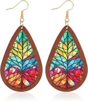 Bohemian Wood Teardrop Earrings for Women Acrylic Colorful Teardrop Dangle Earrings Handmade Natural Wooden Earrings Boho Geometric Flower Leaf Cross Earrings Statement Lightweight Ethnic Earrings Vintage Retro Jewelry