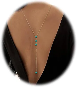 Boho Back Chain Necklace Turquoise Beaded Backdrop Body Chain for Women Backless Dress Gold Plated Shoulder Back Jewelry (Gold)