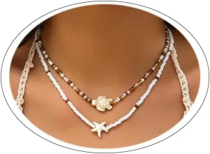 Boho Beaded Choker Necklaces for Women Layered Shell Starfish Charms Necklace Summer Surfer Beach Necklace Jewelry Gift
