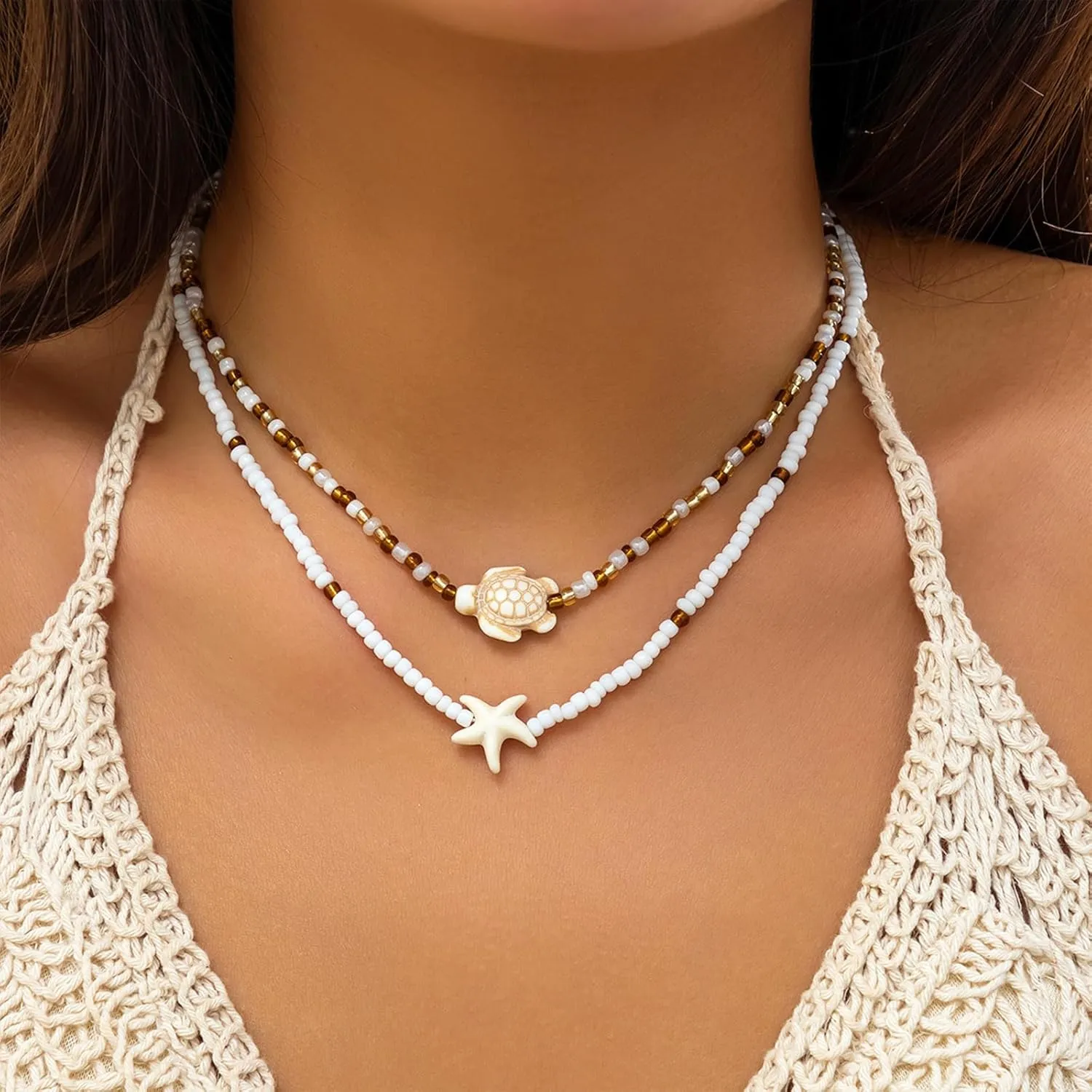 Boho Beaded Choker Necklaces for Women Layered Shell Starfish Charms Necklace Summer Surfer Beach Necklace Jewelry Gift