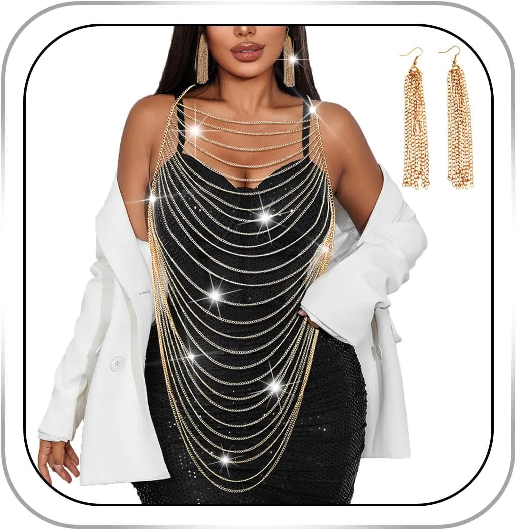 Boho Body Chain Bra Gold Tassel Shoulder Necklace Sexy Halter Backless Harness Chest Body Jewelry Bikini Rave Nightclub Party Body Accessories for Women (with Gold Earrings)