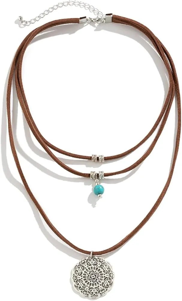 Boho Choker Necklace for Women Western Leather Shell Cord Trendy Layered Western Turquoise Accessories Necklaces Jewelry for Women