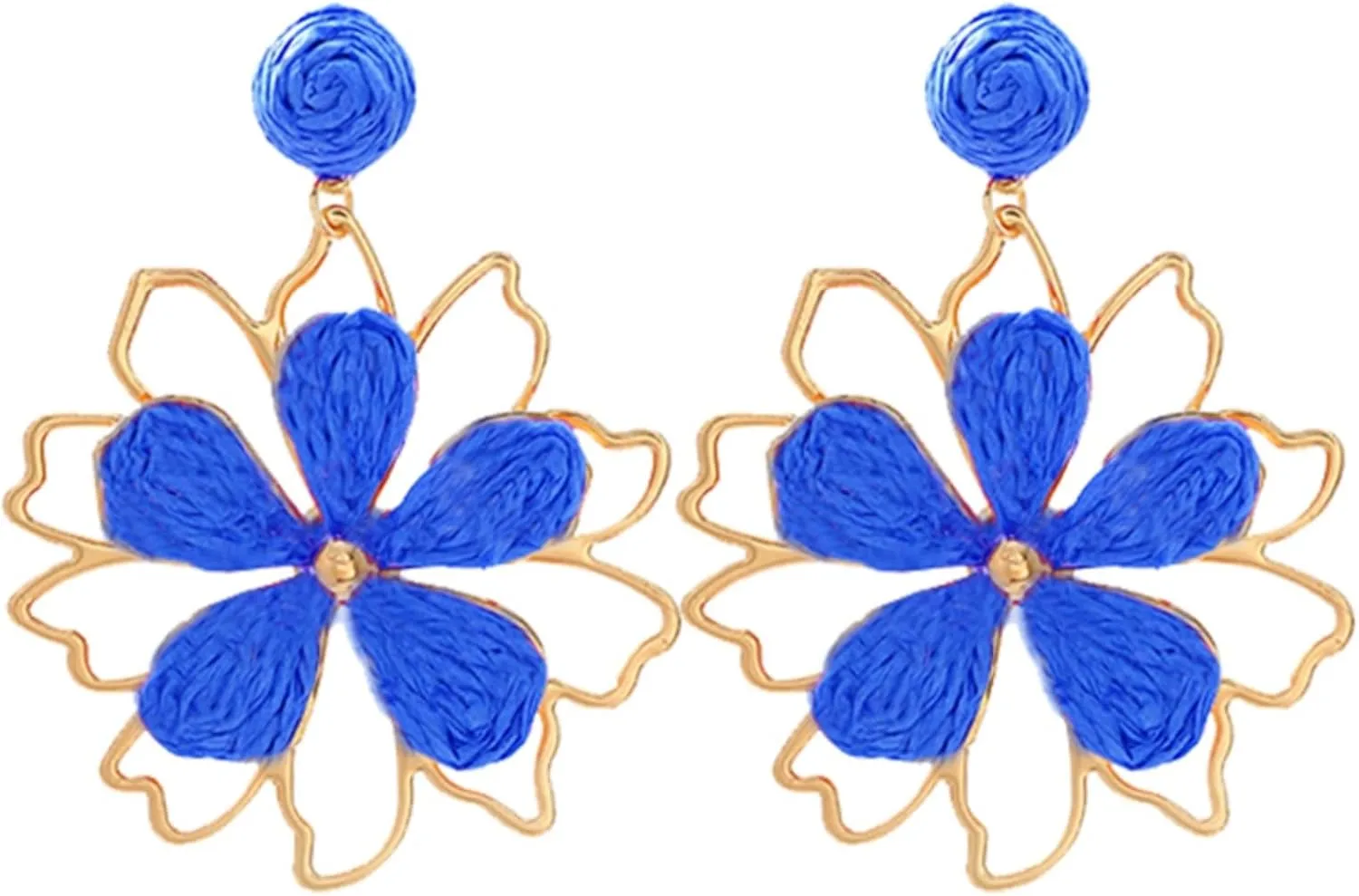 Boho Flower Earrings for Women 3D Gold Double Flower Summer Beach Floral Raffia Earring Trendy Statement Jewelry