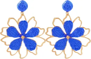 Boho Flower Earrings for Women 3D Gold Double Flower Summer Beach Floral Raffia Earring Trendy Statement Jewelry