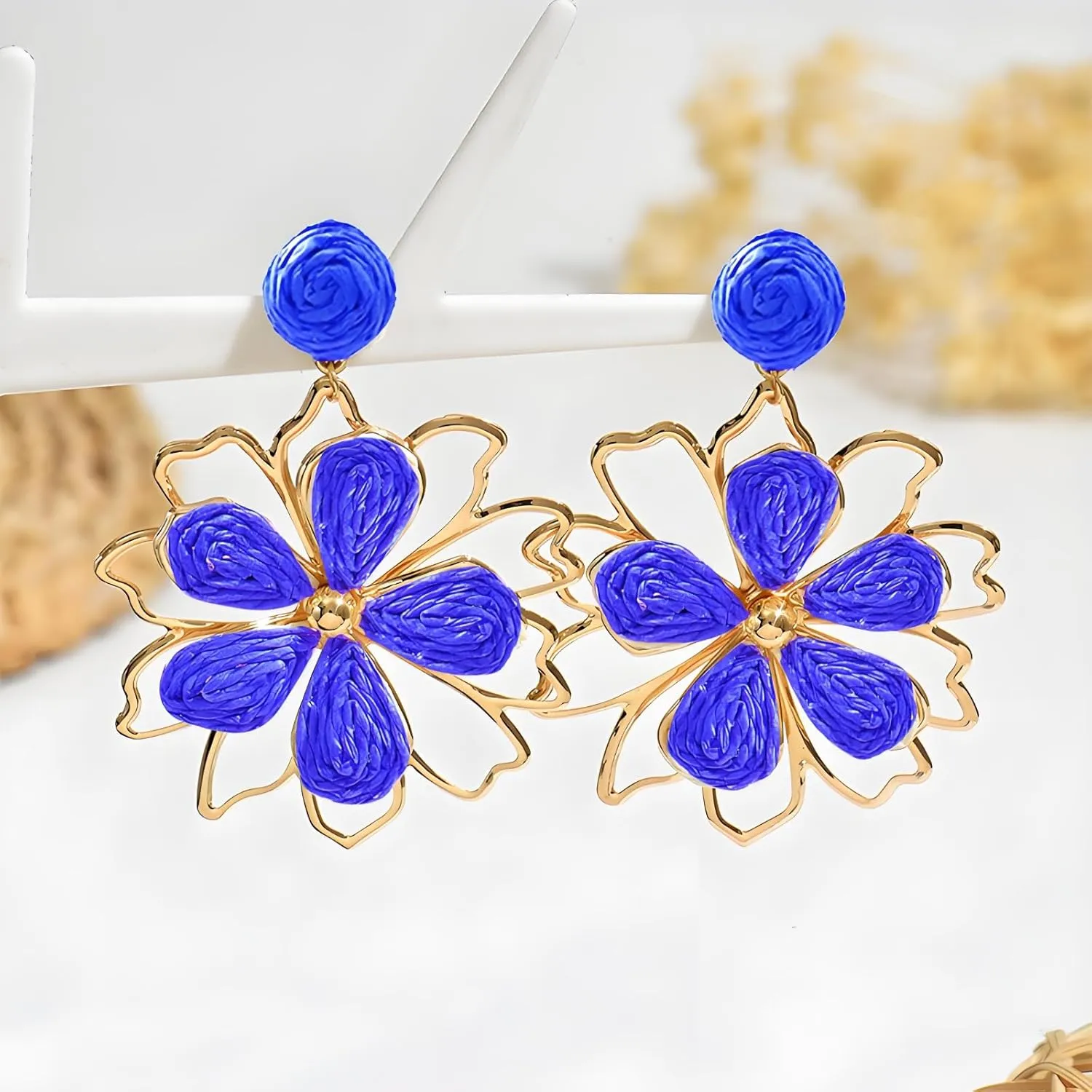Boho Flower Earrings for Women 3D Gold Double Flower Summer Beach Floral Raffia Earring Trendy Statement Jewelry