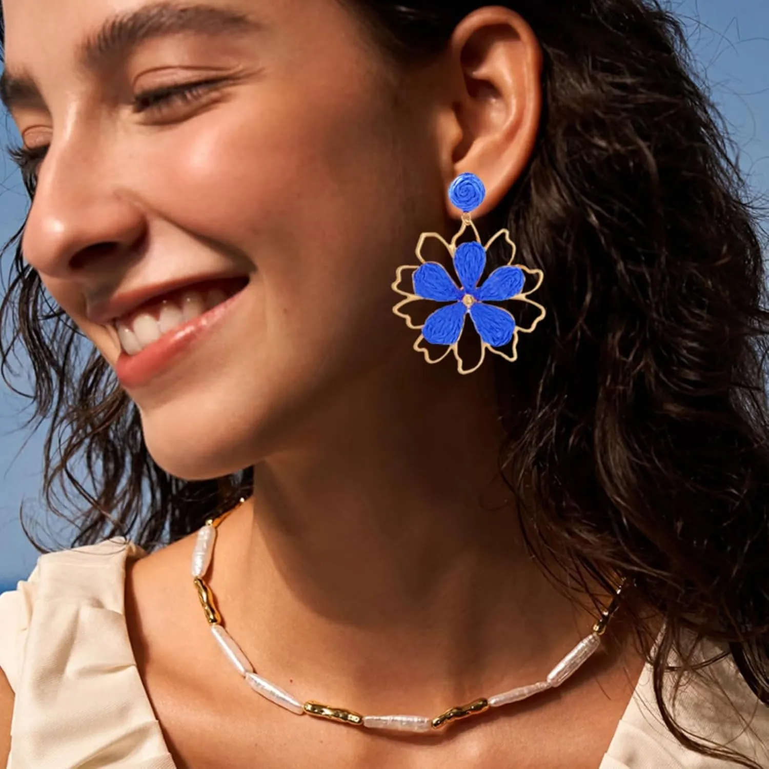 Boho Flower Earrings for Women 3D Gold Double Flower Summer Beach Floral Raffia Earring Trendy Statement Jewelry