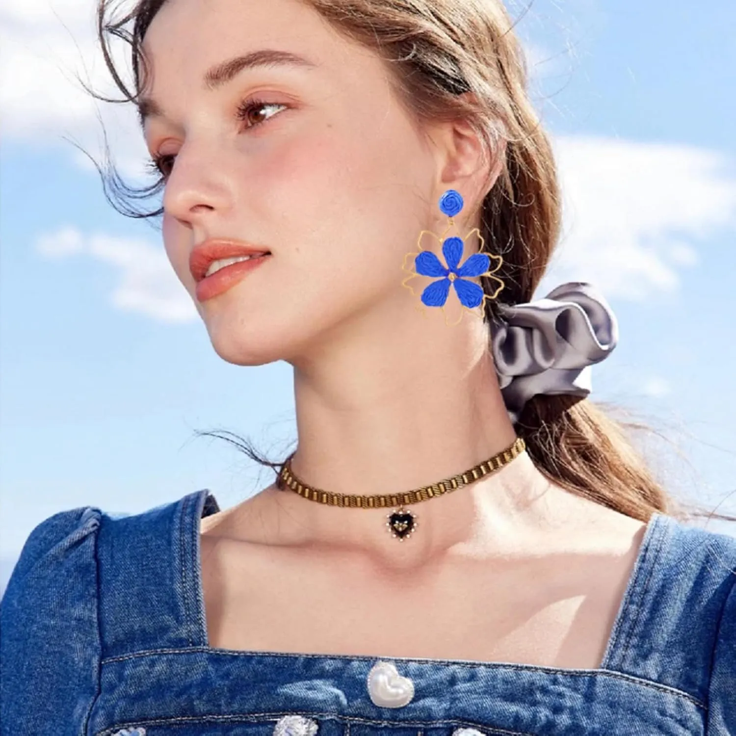 Boho Flower Earrings for Women 3D Gold Double Flower Summer Beach Floral Raffia Earring Trendy Statement Jewelry