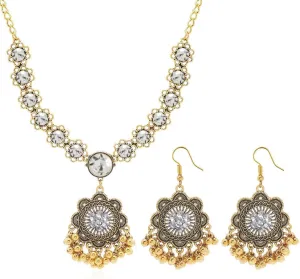 Boho Flower Indian Jewellery Set for Women Wedding Party Statement Necklace Dangle Earring Traditional Bollywood Oxidized Silver EthnicTrendy Choker Daily Jewelry Birthday Xmas Girlfriend Gift