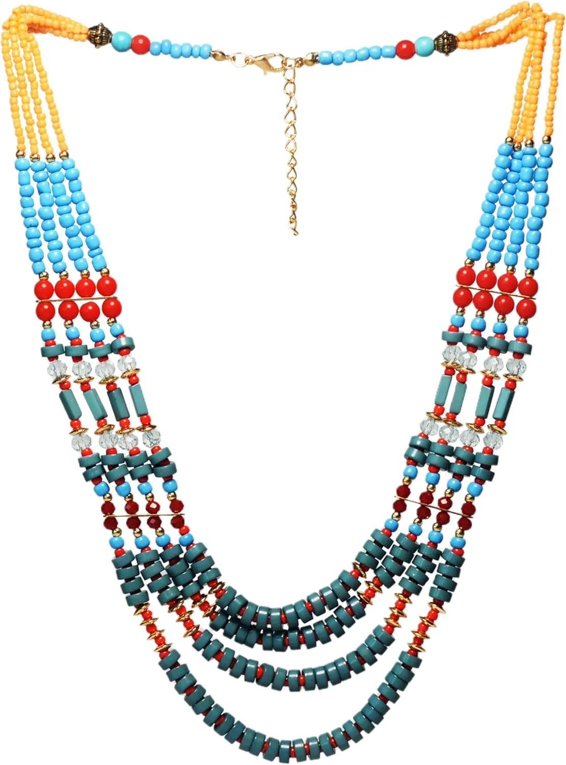 Boho Layered Strand Necklace  4-Layer Turquoise, Green & Red Gemstone Beads with Adjustable Length in Gift Box, Perfect for Mom, Wife, Women