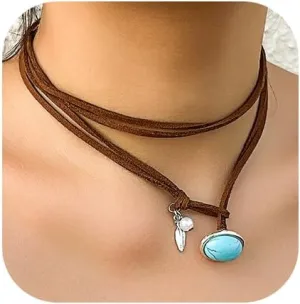 Boho Necklace for Women Suede Choker Turquoise Pendant Leather Necklace Layered Western Choker Jewelry