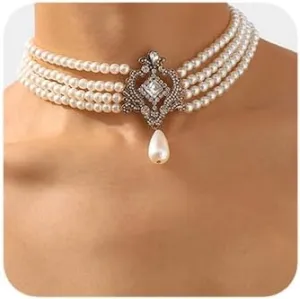 Boho Women Bridal Vintage 1920s Layered Tassels Pearl Shiny Rhinestones Choker Necklace Simple Necklaces for Women