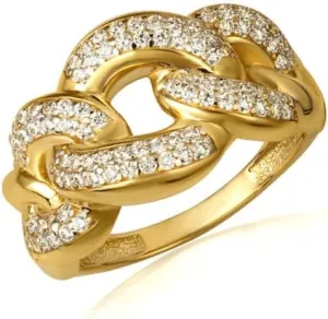 Bold CZ Studded Cuban Chain Link Band Fine Ring Real Solid Gold