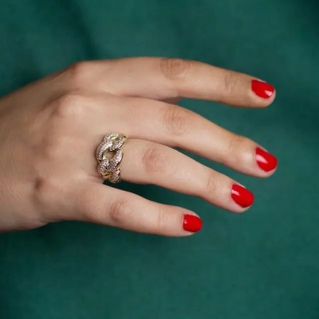 Bold CZ Studded Cuban Chain Link Band Fine Ring Real Solid Gold