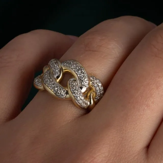 Bold CZ Studded Cuban Chain Link Band Fine Ring Real Solid Gold