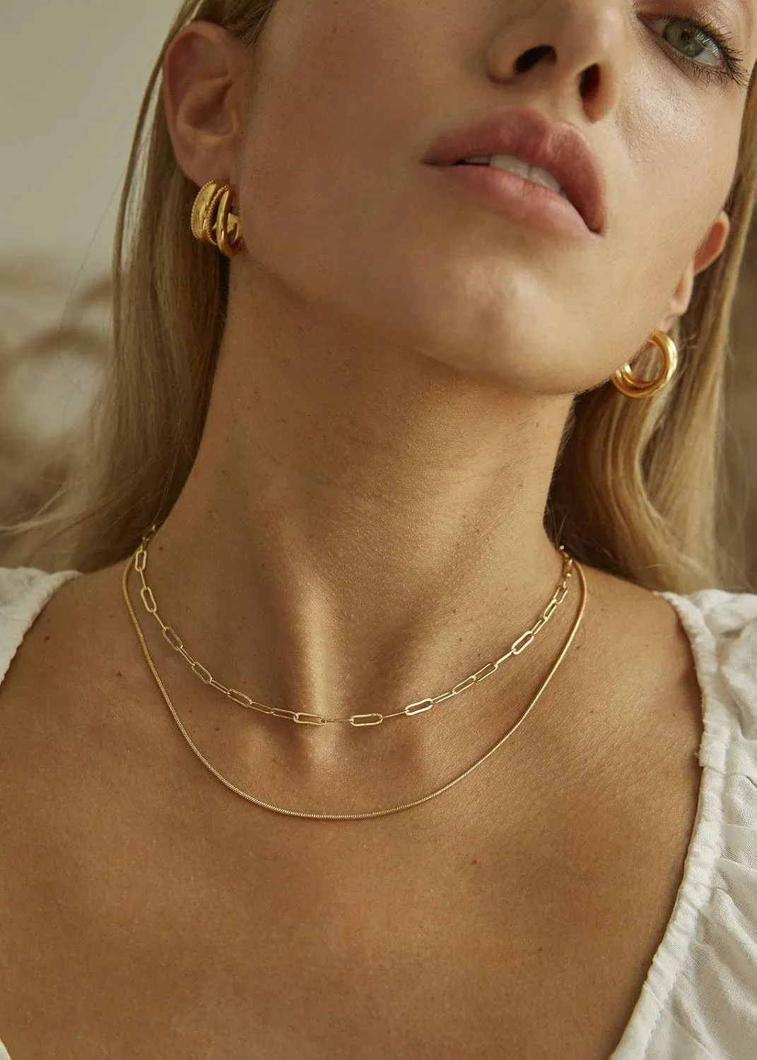 BOUTIQUELOVIN 14K Gold Plated Dainty Rectangle Paperclip Link Chain Necklace Bracelet Set for Women Jewelry Long Lasting Color