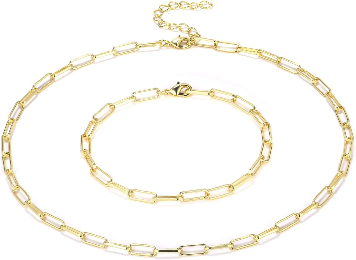 BOUTIQUELOVIN 14K Gold Plated Dainty Rectangle Paperclip Link Chain Necklace Bracelet Set for Women Jewelry Long Lasting Color