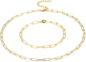 BOUTIQUELOVIN 14K Gold Plated Dainty Rectangle Paperclip Link Chain Necklace Bracelet Set for Women Jewelry Long Lasting Color