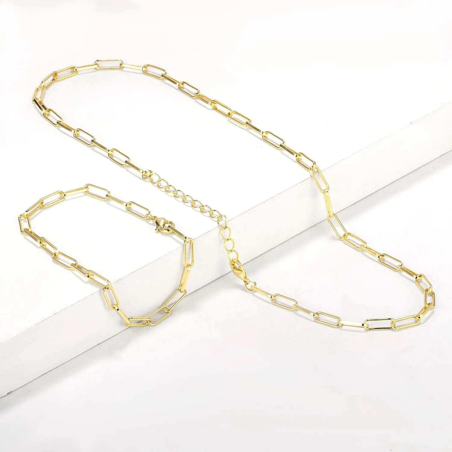 BOUTIQUELOVIN 14K Gold Plated Dainty Rectangle Paperclip Link Chain Necklace Bracelet Set for Women Jewelry Long Lasting Color