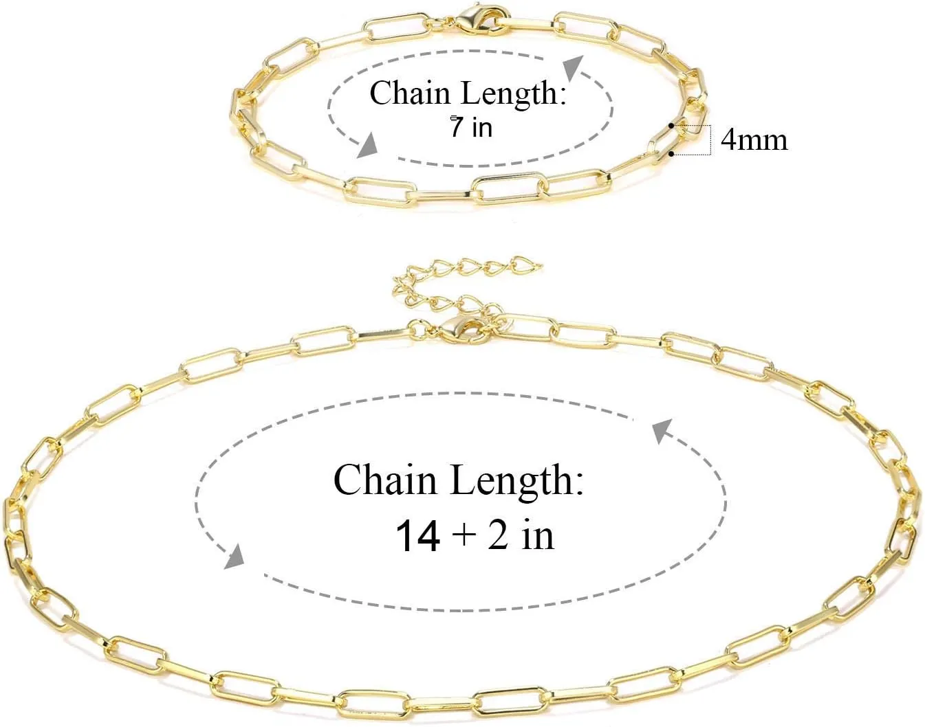 BOUTIQUELOVIN 14K Gold Plated Dainty Rectangle Paperclip Link Chain Necklace Bracelet Set for Women Jewelry Long Lasting Color
