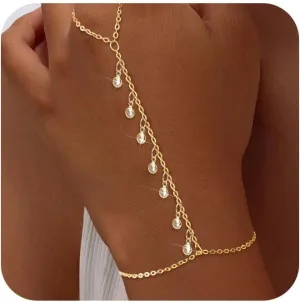 Bracelets for Women,14K Gold/Silver Plated Dainty Hand Chain Bracelets Trendy Ring Chain Bracelet Charm Gold Cuff Bangle Stackable Bracelets Fashion Body Jewelry Adjustable Waterproof Gifts for Her