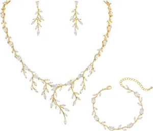 Bridal Wedding Jewelry CZ Set Marquise Teardrop Cubic Zirconia Pendant Necklace and Dangle Earring Bracelet Sets for Women