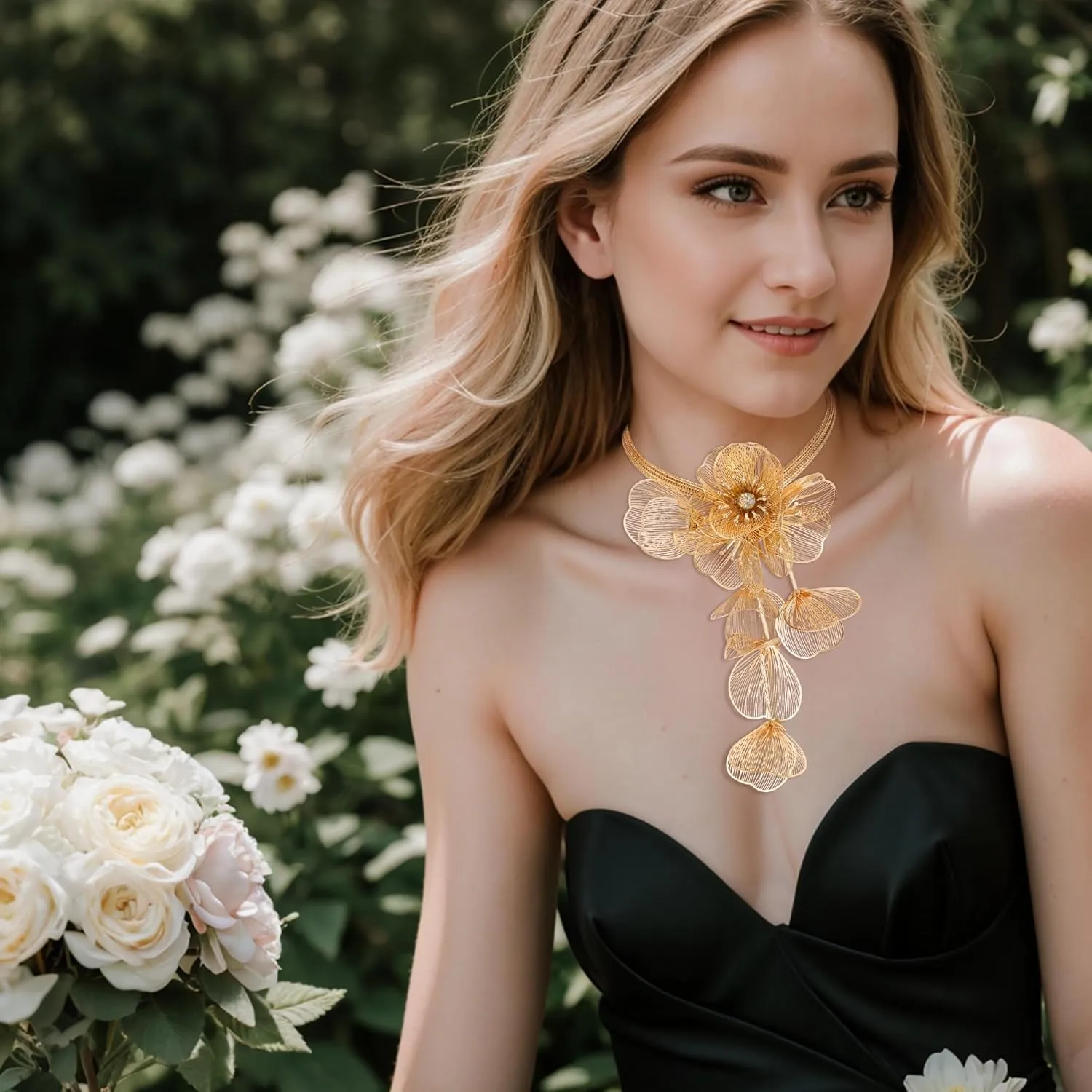 BriLove Strand Statement Flower Necklace for Women, Shiny Chic Floral Collar Bib Necklaces Dangle Earrings Jewelry Summer Beach Holiday Costume Prom