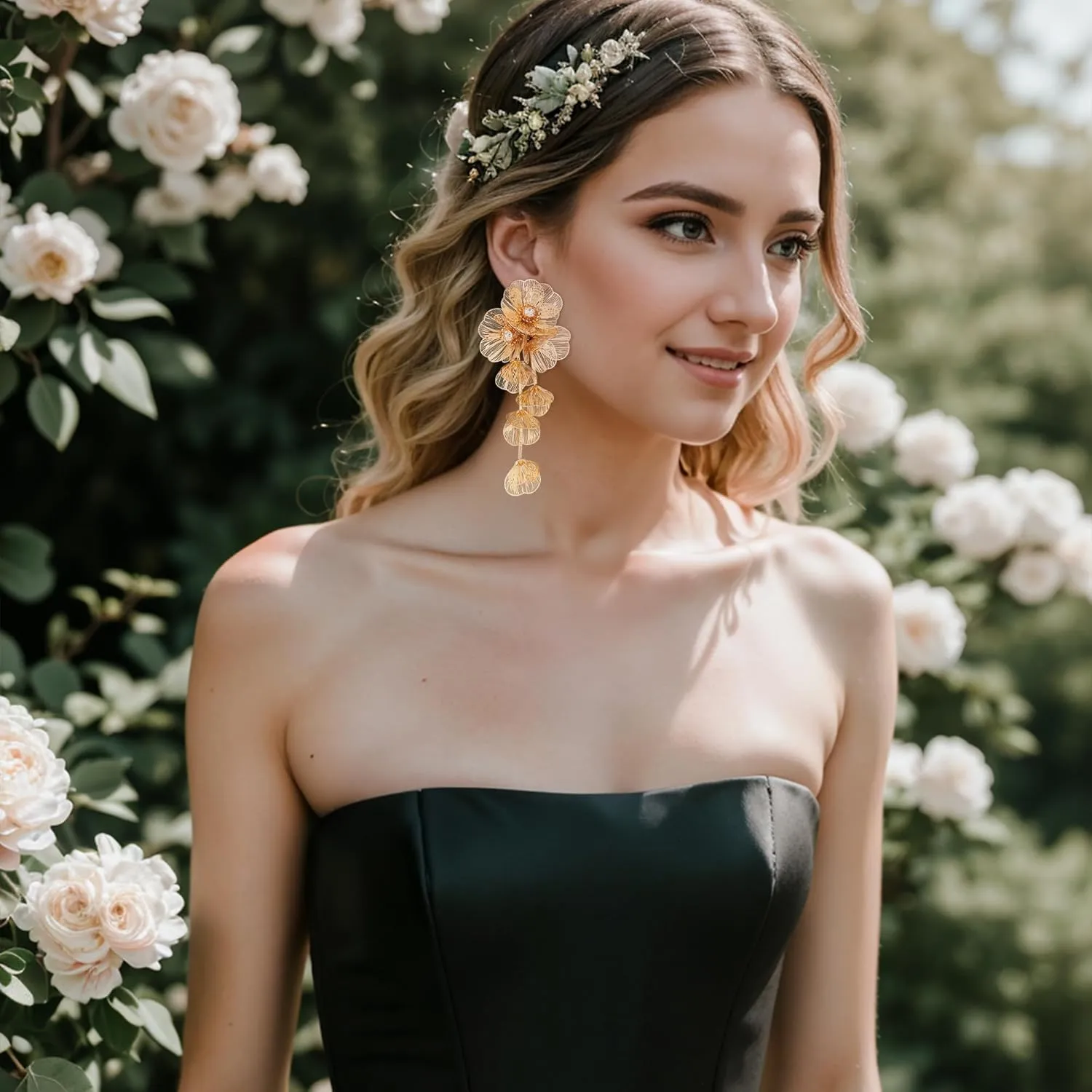 BriLove Strand Statement Flower Necklace for Women, Shiny Chic Floral Collar Bib Necklaces Dangle Earrings Jewelry Summer Beach Holiday Costume Prom