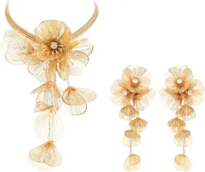 BriLove Strand Statement Flower Necklace for Women, Shiny Chic Floral Collar Bib Necklaces Dangle Earrings Jewelry Summer Beach Holiday Costume Prom