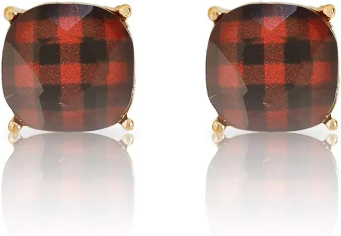 Buffalo Plaid Earrings for Women - Dainty Cushion Cut Matching Acrylic Gemstones with Stainless Steel Posts - Simple, Delicate Gems - Stud Earrings in an Open-Back Setting
