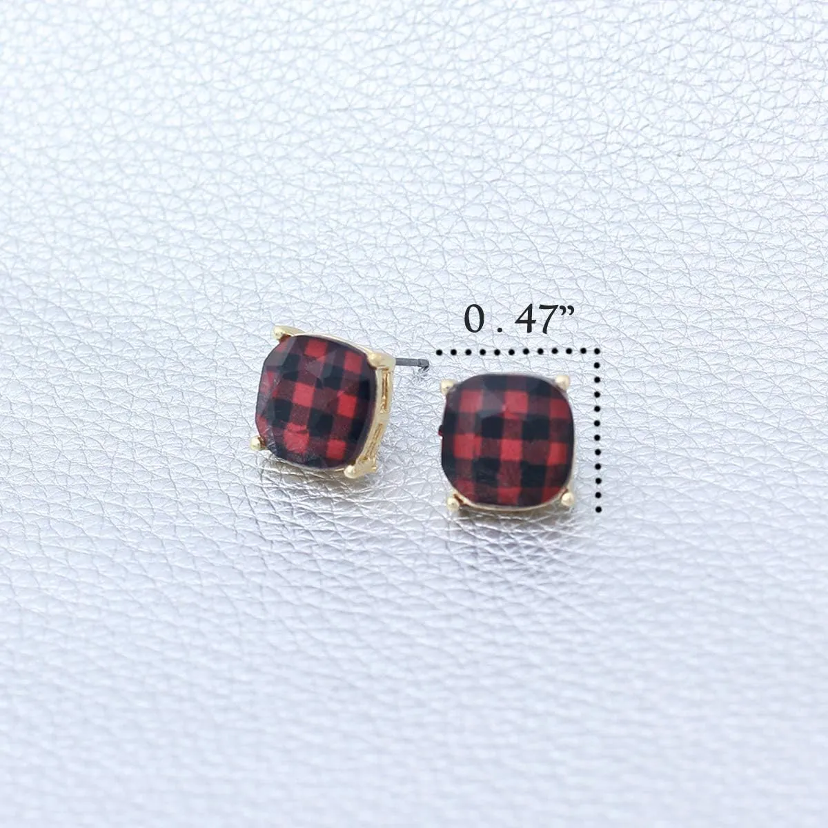 Buffalo Plaid Earrings for Women - Dainty Cushion Cut Matching Acrylic Gemstones with Stainless Steel Posts - Simple, Delicate Gems - Stud Earrings in an Open-Back Setting