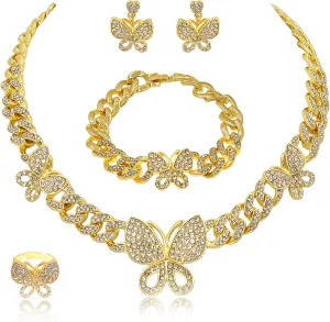 Butterfly Necklaces for Women Cuban Chain Necklace Bracelet Big Butterfly Pendant Necklace Rhinestone Cuban Link Necklace Bling Charm Butterfly Hoop Earrings for Women