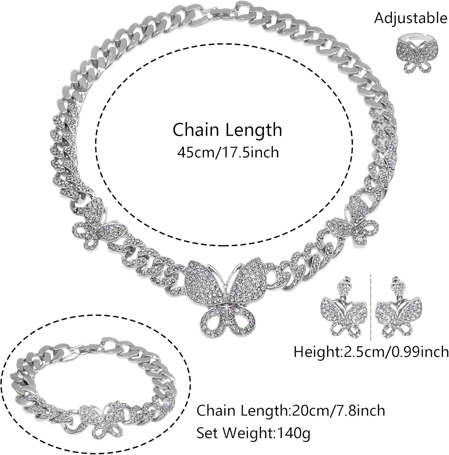 Butterfly Necklaces for Women Cuban Chain Necklace Bracelet Big Butterfly Pendant Necklace Rhinestone Cuban Link Necklace Bling Charm Butterfly Hoop Earrings for Women