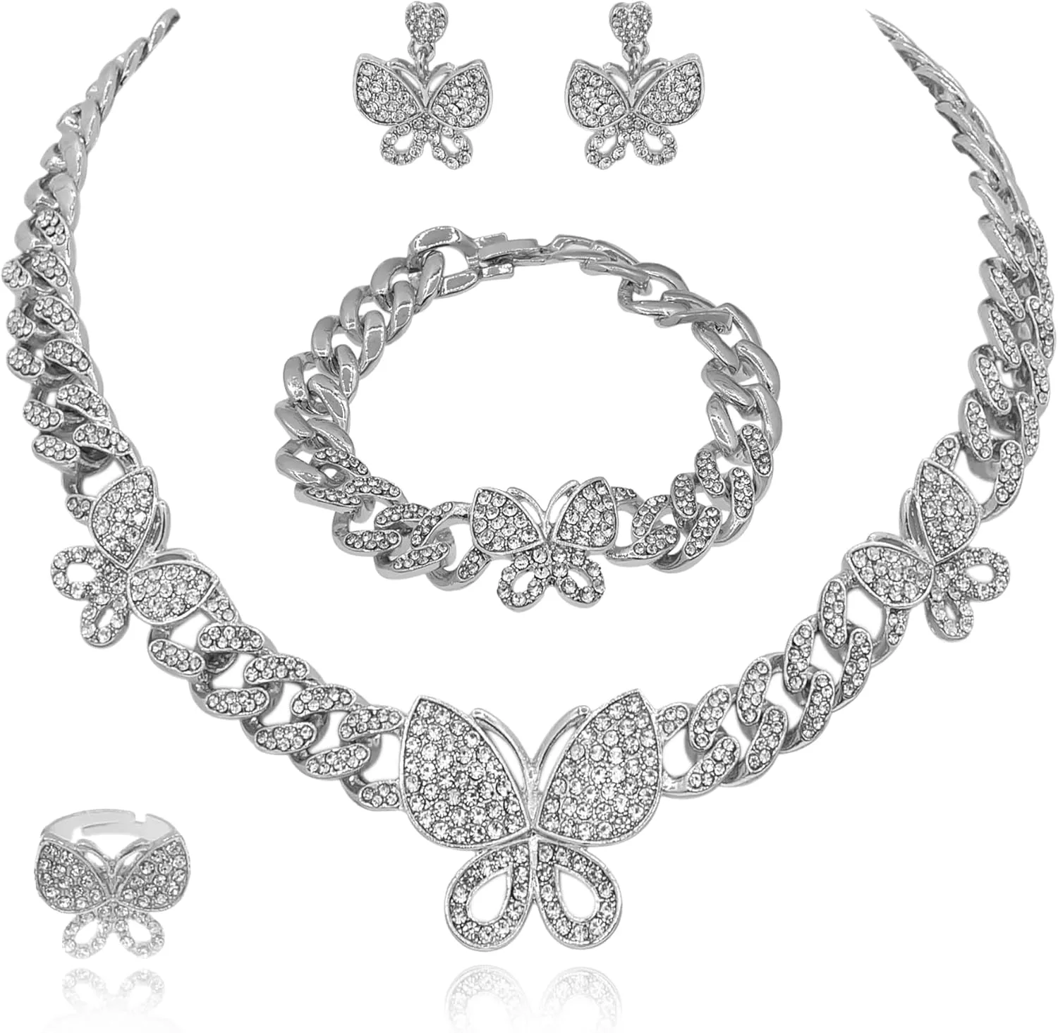 Butterfly Necklaces for Women Cuban Chain Necklace Bracelet Big Butterfly Pendant Necklace Rhinestone Cuban Link Necklace Bling Charm Butterfly Hoop Earrings for Women