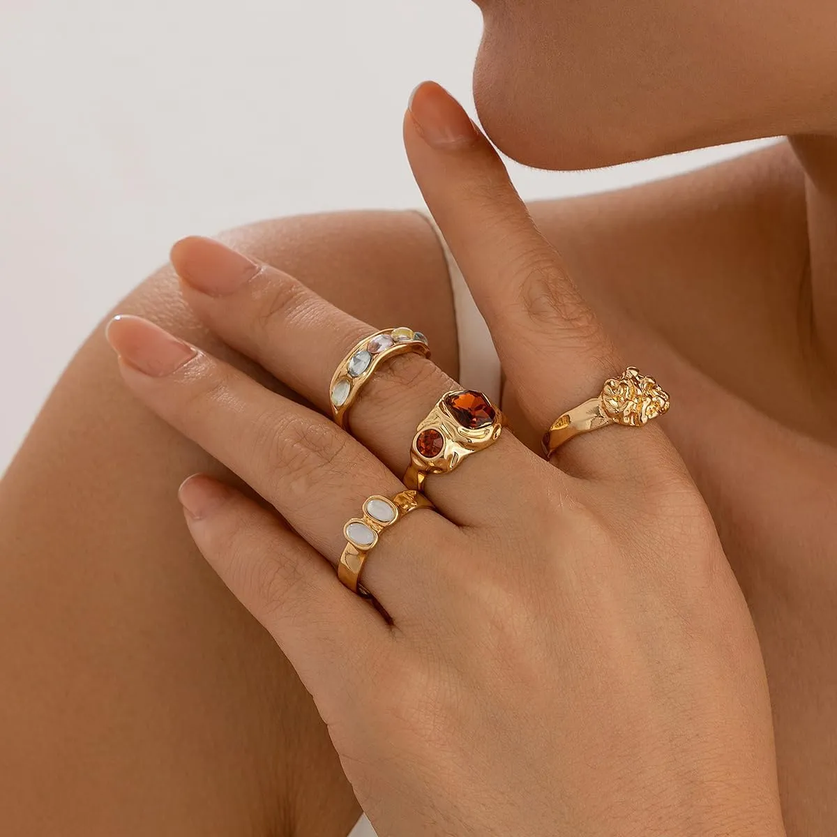 BUYITO Chunky Gold Statement Rings for Women Dainty Gemstone Crystal Ring Stackable Opening Adjustable Knuckle Bold Thick Irregular Ring Set Vintage Jewelry
