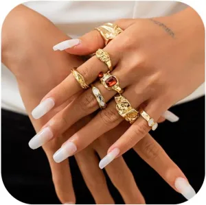 BUYITO Chunky Gold Statement Rings for Women Dainty Gemstone Crystal Ring Stackable Opening Adjustable Knuckle Bold Thick Irregular Ring Set Vintage Jewelry