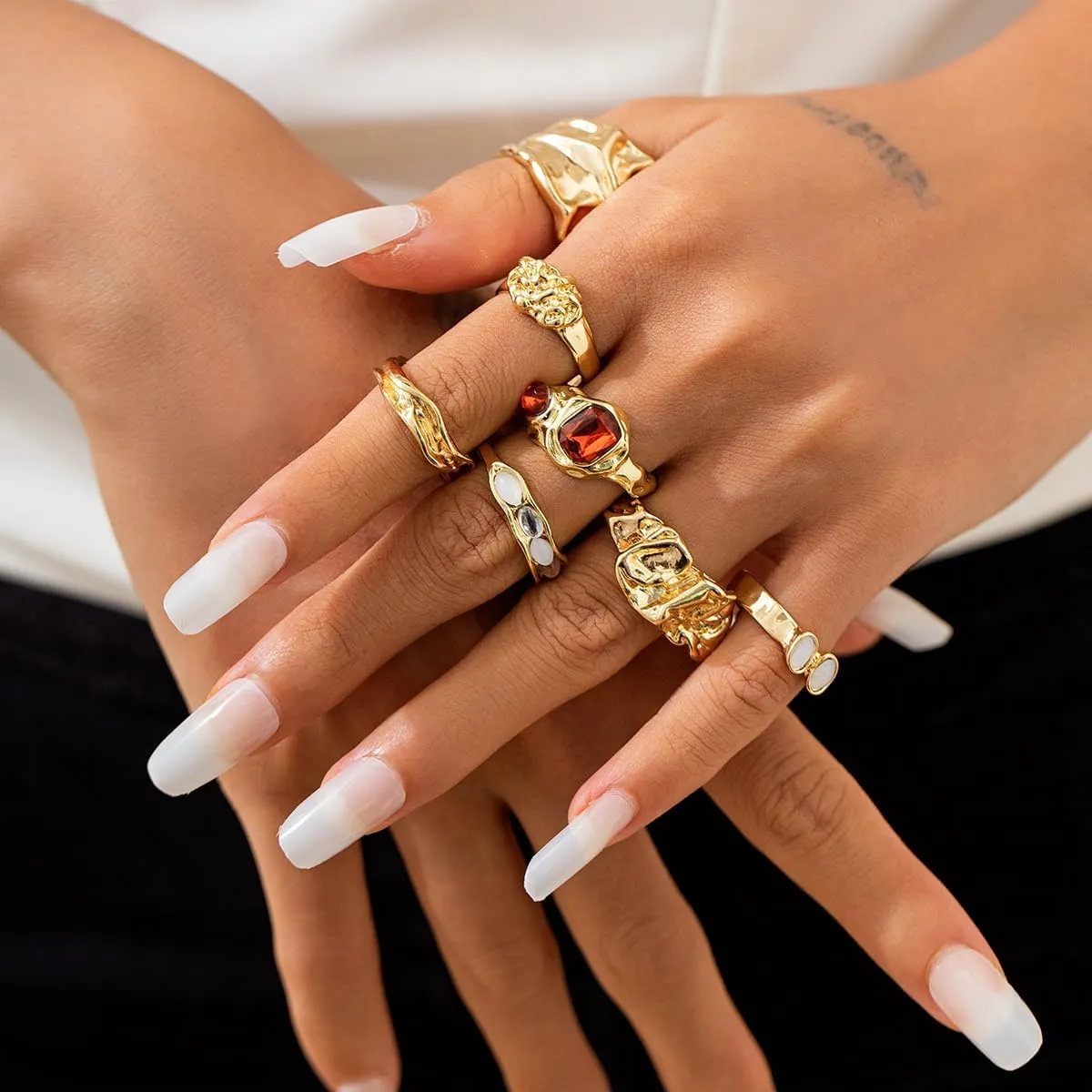 BUYITO Chunky Gold Statement Rings for Women Dainty Gemstone Crystal Ring Stackable Opening Adjustable Knuckle Bold Thick Irregular Ring Set Vintage Jewelry