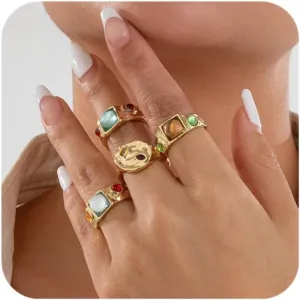 BUYITO Chunky Gold Statement Rings for Women Dainty Gemstone Crystal Ring Stackable Opening Adjustable Knuckle Bold Thick Irregular Ring Set Vintage Jewelry