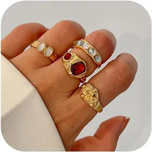 BUYITO Chunky Gold Statement Rings for Women Dainty Gemstone Crystal Ring Stackable Opening Adjustable Knuckle Bold Thick Irregular Ring Set Vintage Jewelry