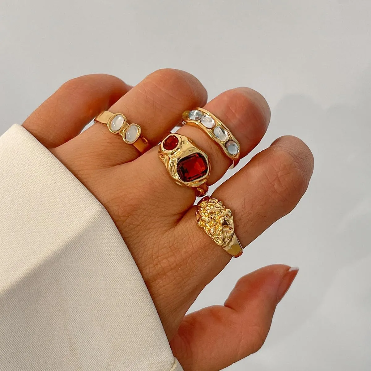 BUYITO Chunky Gold Statement Rings for Women Dainty Gemstone Crystal Ring Stackable Opening Adjustable Knuckle Bold Thick Irregular Ring Set Vintage Jewelry