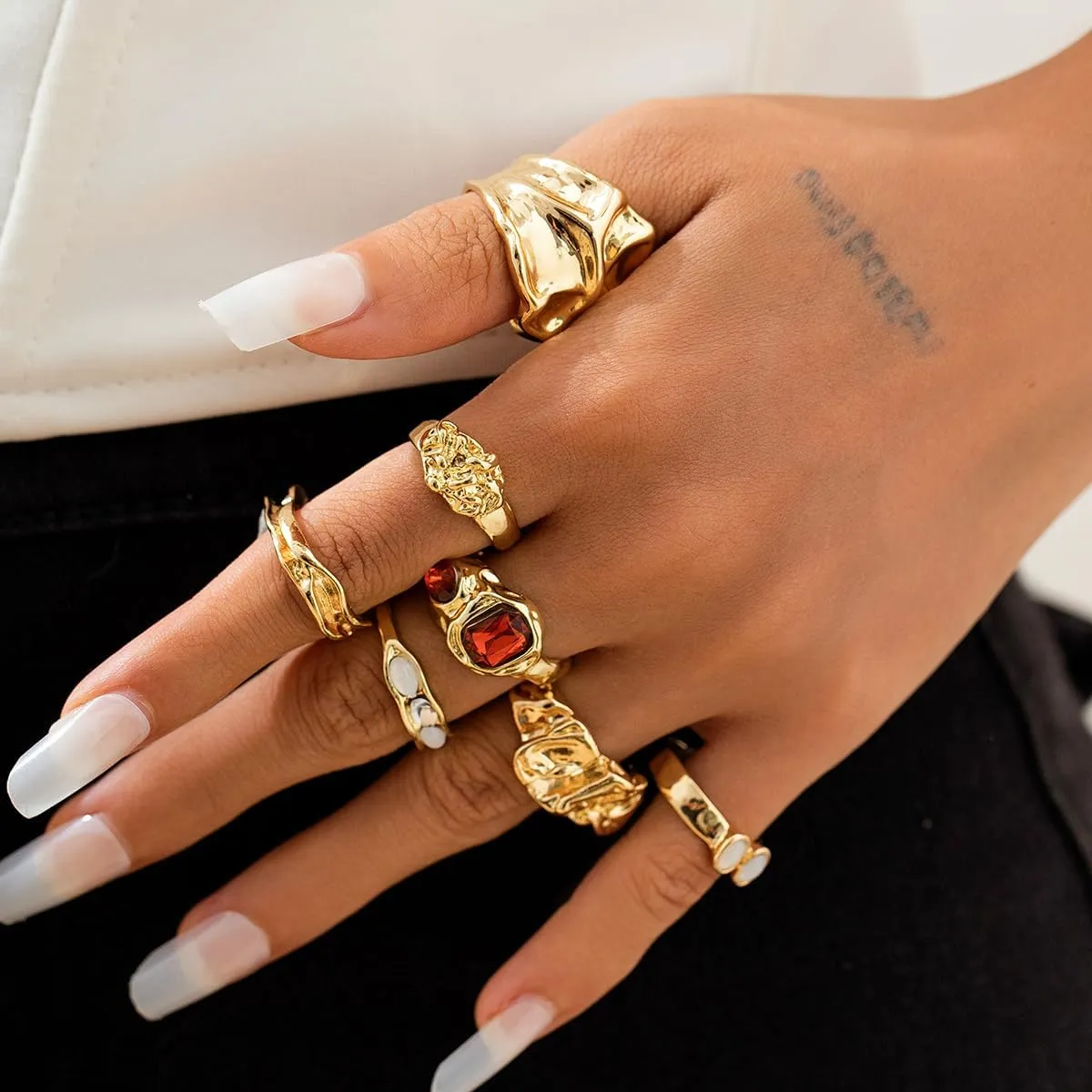 BUYITO Chunky Gold Statement Rings for Women Dainty Gemstone Crystal Ring Stackable Opening Adjustable Knuckle Bold Thick Irregular Ring Set Vintage Jewelry