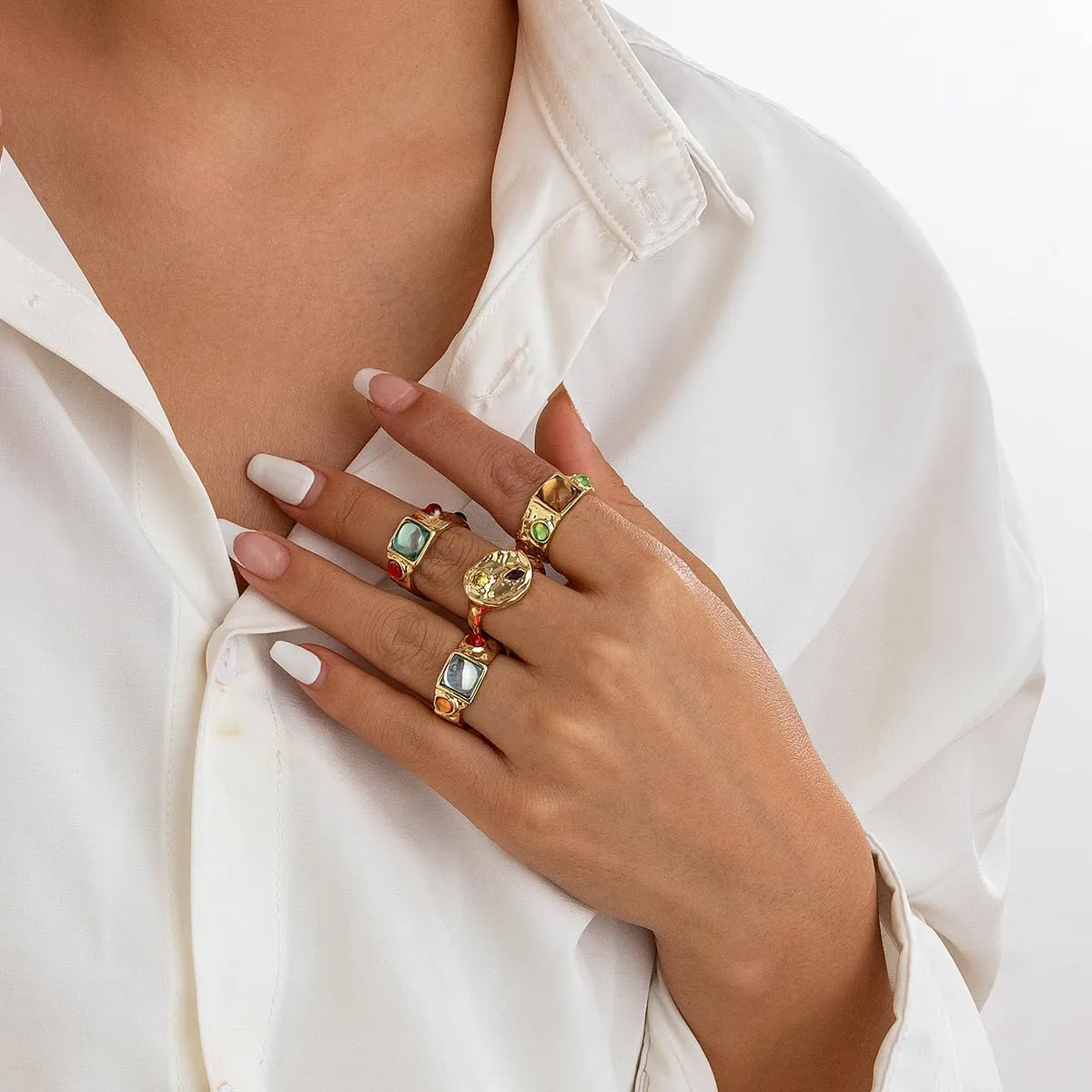 BUYITO Chunky Gold Statement Rings for Women Dainty Gemstone Crystal Ring Stackable Opening Adjustable Knuckle Bold Thick Irregular Ring Set Vintage Jewelry