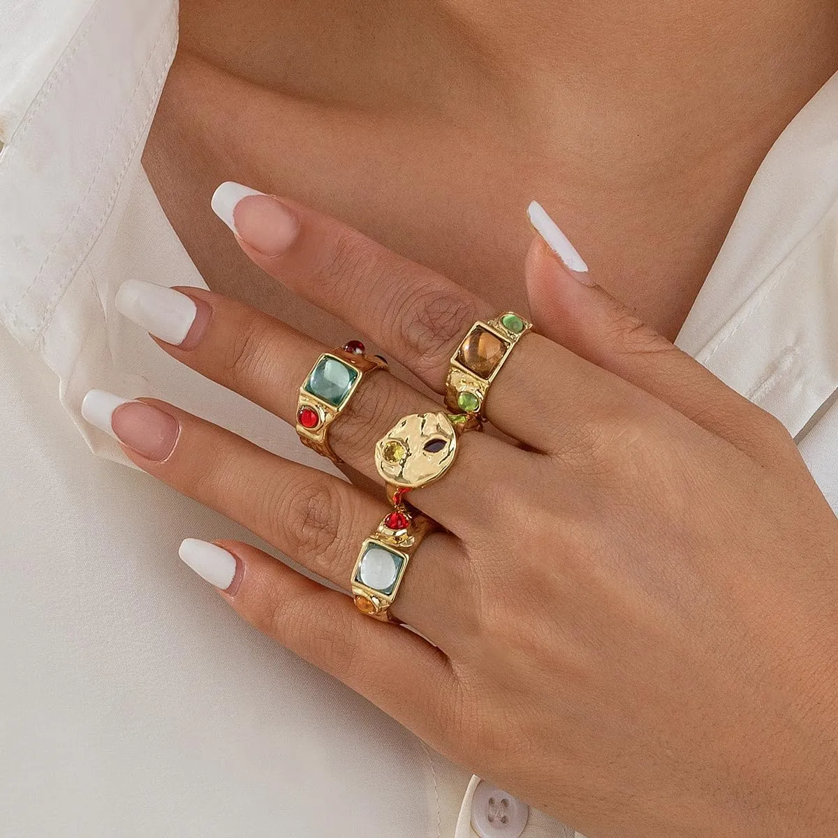 BUYITO Chunky Gold Statement Rings for Women Dainty Gemstone Crystal Ring Stackable Opening Adjustable Knuckle Bold Thick Irregular Ring Set Vintage Jewelry