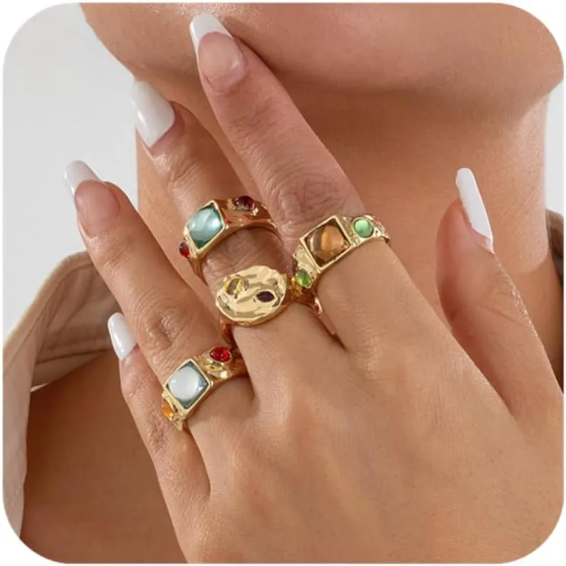BUYITO Chunky Gold Statement Rings for Women Dainty Gemstone Crystal Ring Stackable Opening Adjustable Knuckle Bold Thick Irregular Ring Set Vintage Jewelry