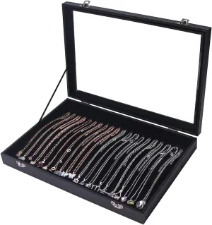 ByKen 20 Hooks Necklace Organizer Box/Tray, Chains Showcase Storage Boxes for Girls,Stackable (Black Velvet)