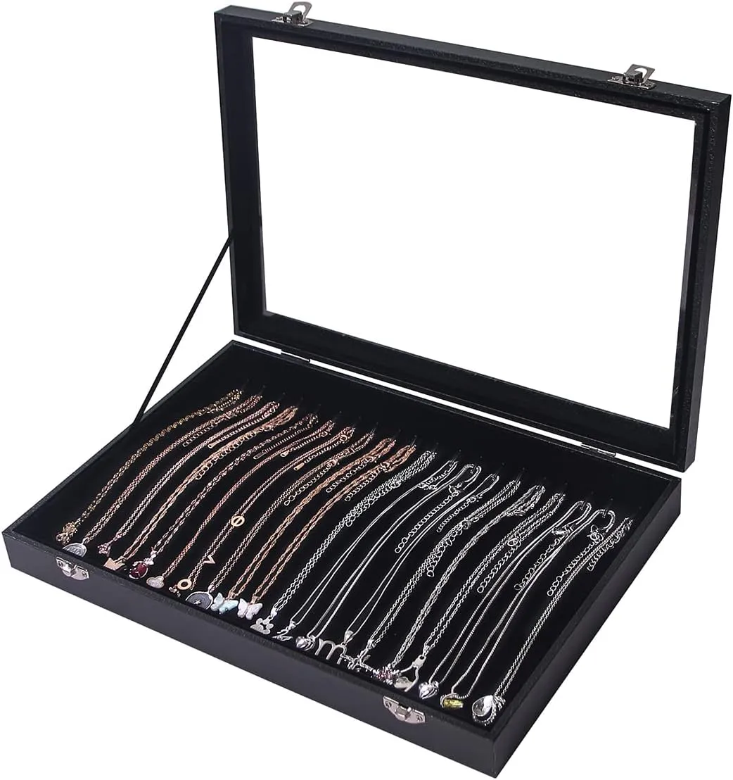 ByKen 20 Hooks Necklace Organizer Box/Tray, Chains Showcase Storage Boxes for Girls,Stackable (Black Velvet)