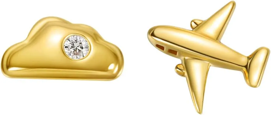 Carleen 18k Solid Yellow Gold Cloud & Airplane Stud Earrings Dainty Tiny Single Statement Earring Delicate Fine Diamond Stud Earring For Women
