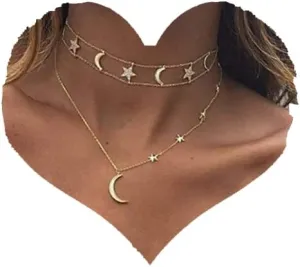 Chargances Bohemia Gold Moon and Stars Necklace for Women Fashion Gold Choker Necklace Delicate Moon Stars Jewelry for Women